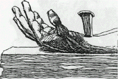 Close-up of a hand and arm being pinned to a beam by a large nail through the wrist