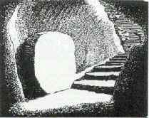 The tomb of Jesus, sealed by a massive round stone