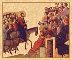 Jesus enters Jerusalem, riding on a donkey